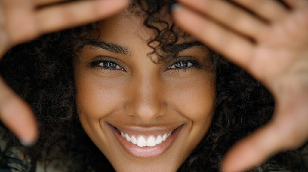 Close-up of a smiling woman with curly hair framing her face with her fingers.