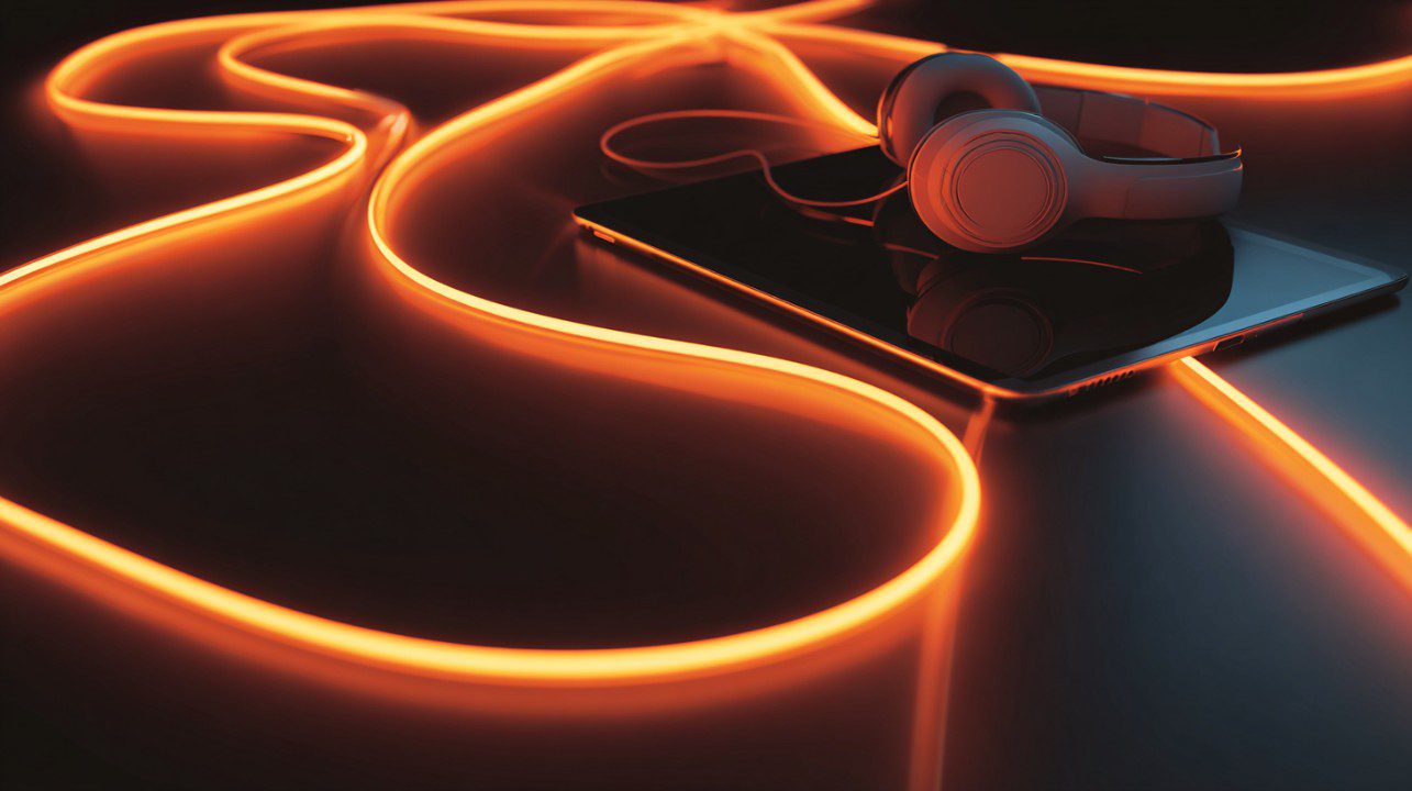 Over-ear headphones on a tablet illuminated by orange neon lights.