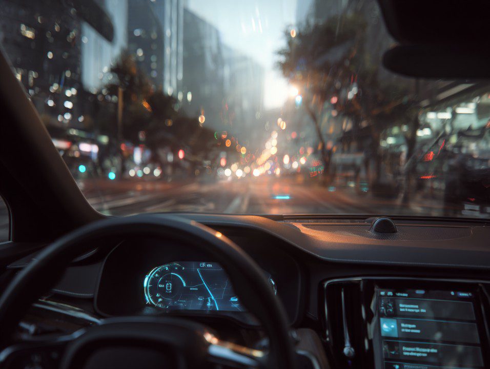 POV view from inside a car driving through a city at night, with a glowing dashboard and blurred street lights.
