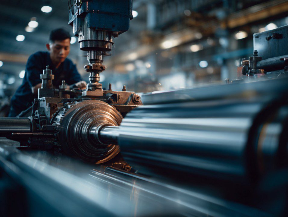 Close-up of precision machining with advanced equipment on a modern factory floor, operated by a skilled worker.