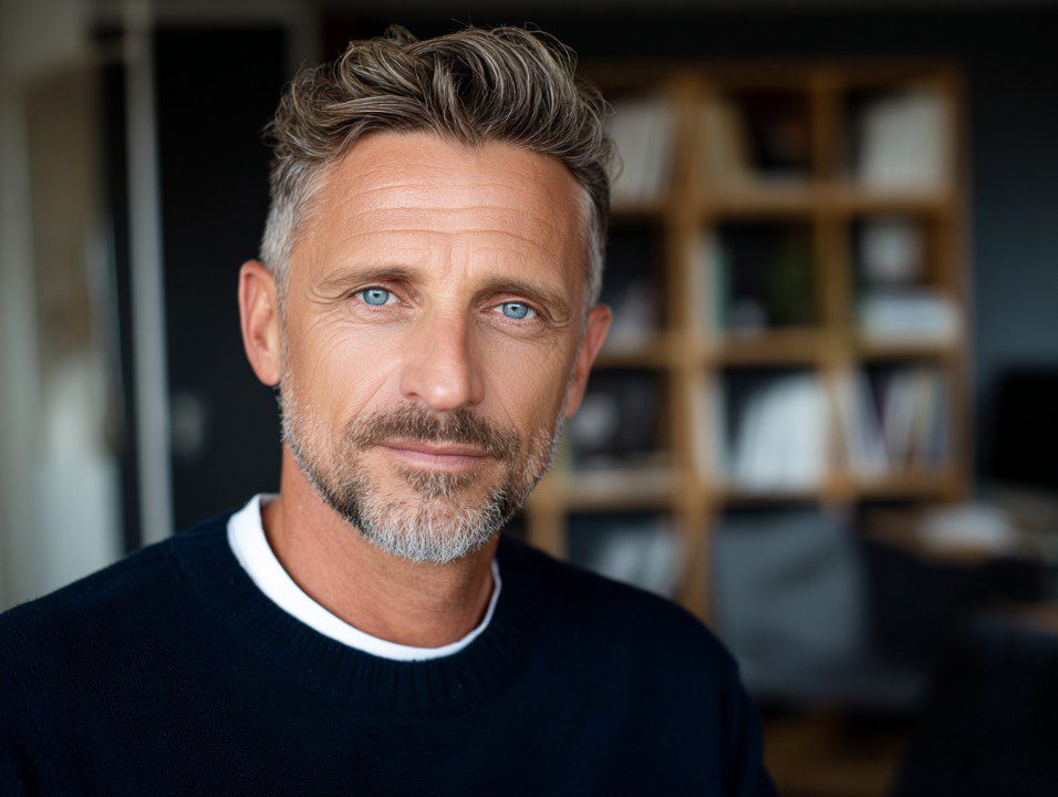 Professional headshot of a confident middle-aged man with blue eyes, salt-and-pepper hair, and a navy sweater, set against an office background.