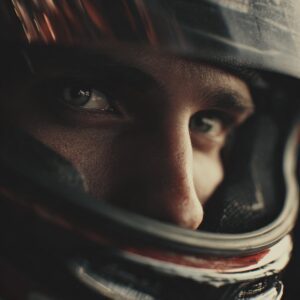 Close-up cinematic shot of a race driver’s eyes through a helmet visor, showing determination.