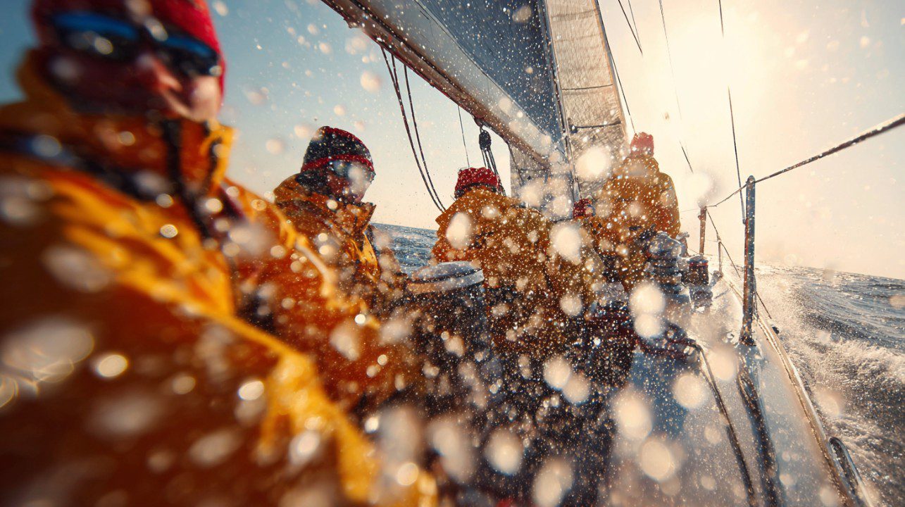 Racing yacht crew in yellow waterproof jackets sailing through waves with sunlight and sea spray in the air.
