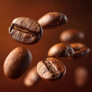 Close-up of roasted coffee beans floating in mid-air with a brown background.