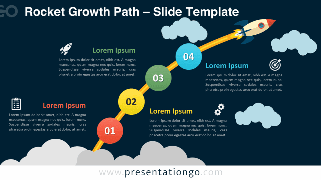 Rocket Growth Path for PowerPoint (Dark Background) Dark-themed 4-step rocket launch diagram showing an upward growth path for PowerPoint and Google Slides presentations.