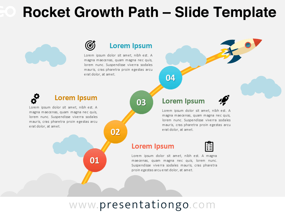Four-step rocket growth path diagram with colorful steps and a launch metaphor for PowerPoint presentations.