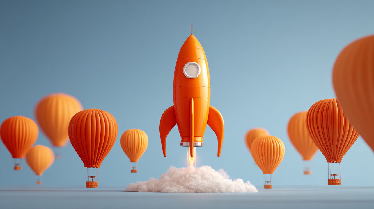 Orange rocket launching among orange hot air balloons, symbolizing innovation and standing out.
