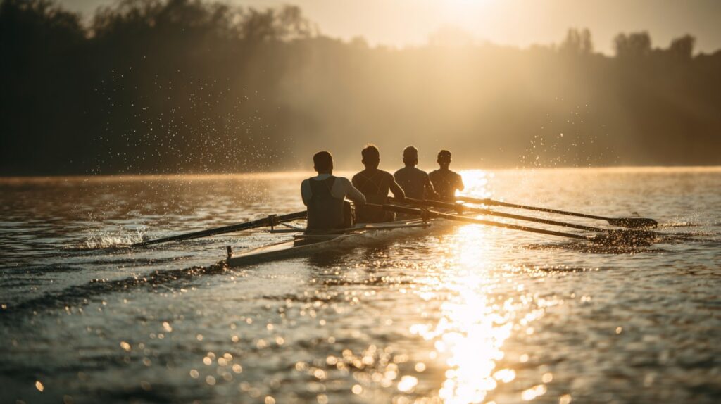 Four male rowers sculling on a lake at sunrise with water splashes in the golden light.