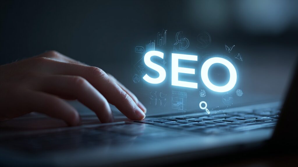Hand typing on laptop keyboard with glowing blue SEO text, symbolizing digital marketing and online visibility strategies.