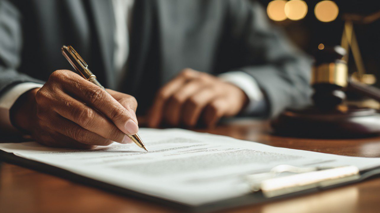 Close-up of a hand signing a legal document with a gold pen in a courtroom with a gavel in the background.