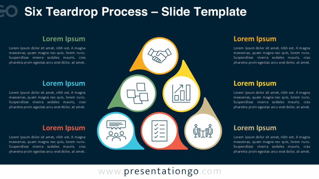 Six Teardrop Process – Dark Background for PowerPoint & Google Slides Free Six Teardrop Process PowerPoint and Google Slides template with a dark background and colorful circular teardrop icons in triangle form.