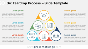 Free Six Teardrop Process PowerPoint template with a light background, featuring six icons in teardrop shapes arranged in three levels.