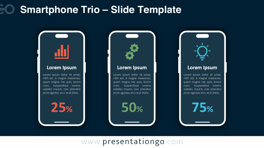 A widescreen version of the Smartphone Trio template with a dark background, featuring three editable smartphone mockups to show data or KPIs.