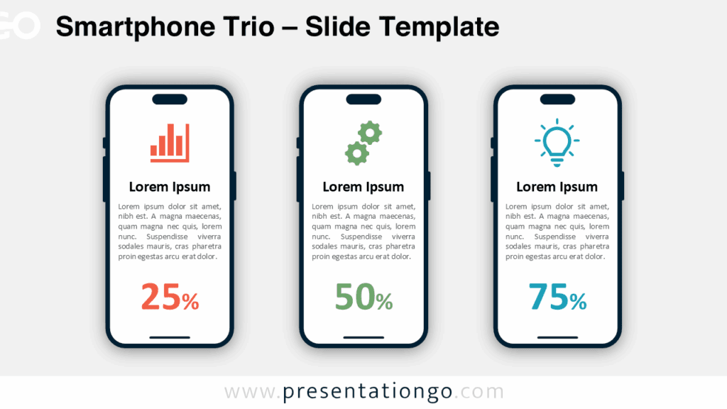 A widescreen version of the Smartphone Trio template with a light background, designed to display app stats, metrics, or tech comparisons.