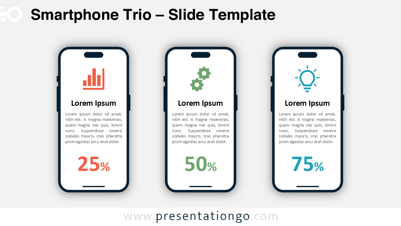 A widescreen version of the Smartphone Trio template with a light background, designed to display app stats, metrics, or tech comparisons.