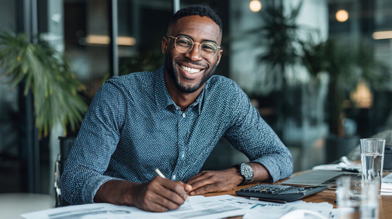 Smiling business professional working at desk with documents, calculator, and laptop, symbolizing productivity and success.
