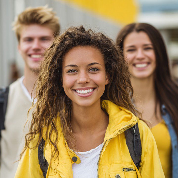Close-up of smiling college students walking on campus, with a young woman in a yellow jacket in focus.