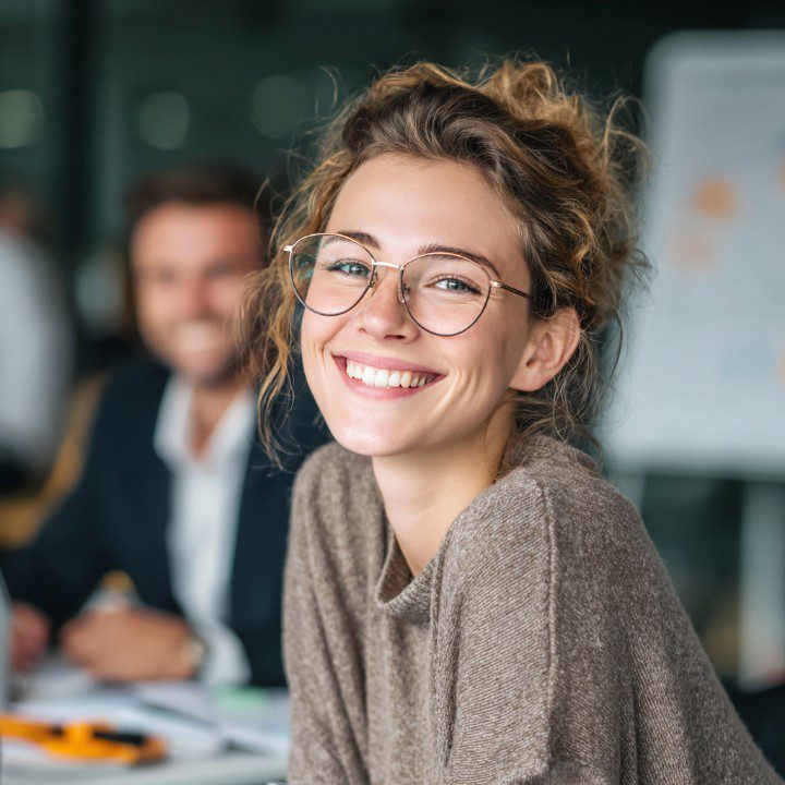 Young professional woman with glasses smiling during a business meeting in an office setting.