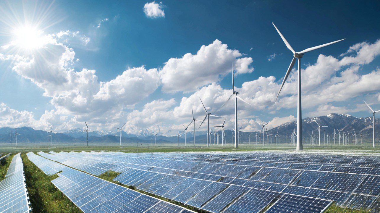 Field of solar panels and wind turbines producing clean renewable energy under a sunny blue sky with clouds.