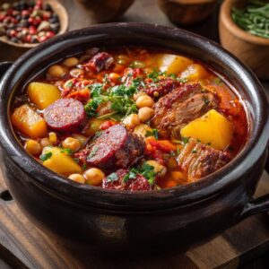 Clay pot filled with Spanish Olla Podrida stew made with beef, chorizo, chickpeas, and vegetables.