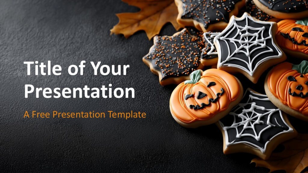 Spooky Cookies Cover Slide for PowerPoint & Google Slides Halloween-themed cover slide for PowerPoint and Google Slides featuring a left-aligned title on a dark textured background with festive cookies.