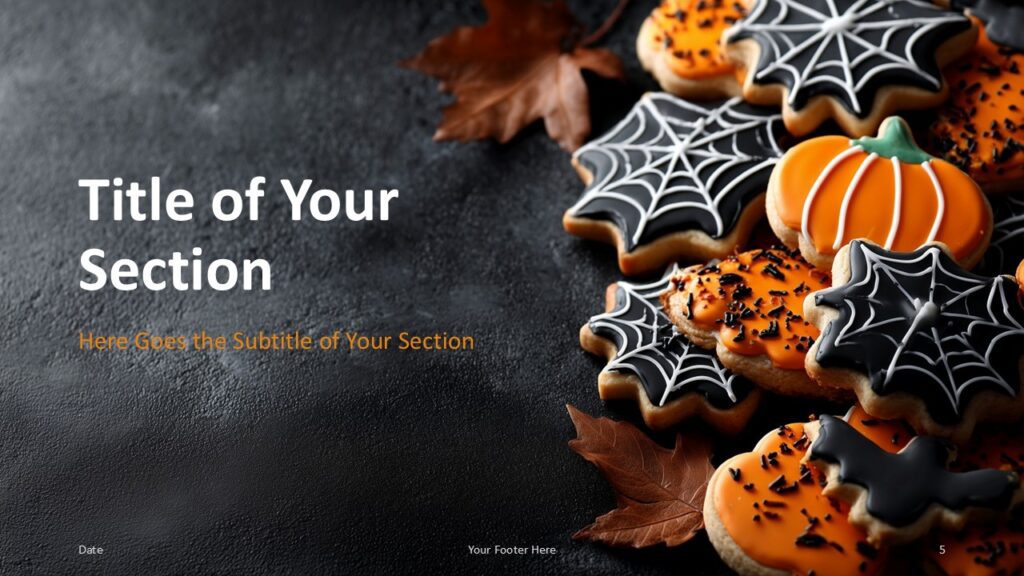 Spooky Cookies Section Slide Option 2 for PowerPoint & Google Slides Mirror layout section divider for PowerPoint and Google Slides with left-aligned text and cookie visuals on the right to segment presentation topics.