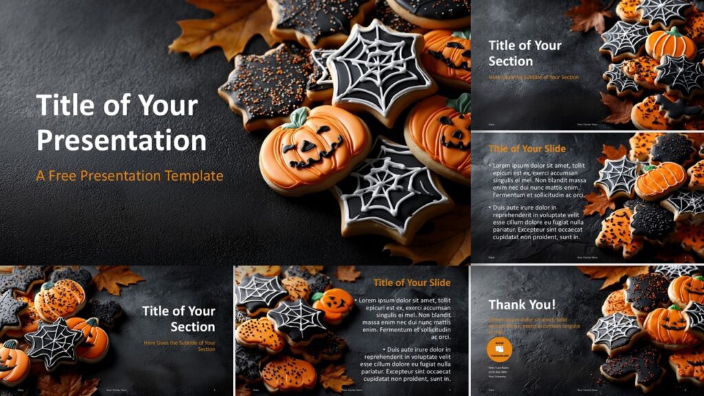 Widescreen preview of the Spooky Cookies Template for PowerPoint and Google Slides with playful Halloween cookie imagery and balanced text areas.