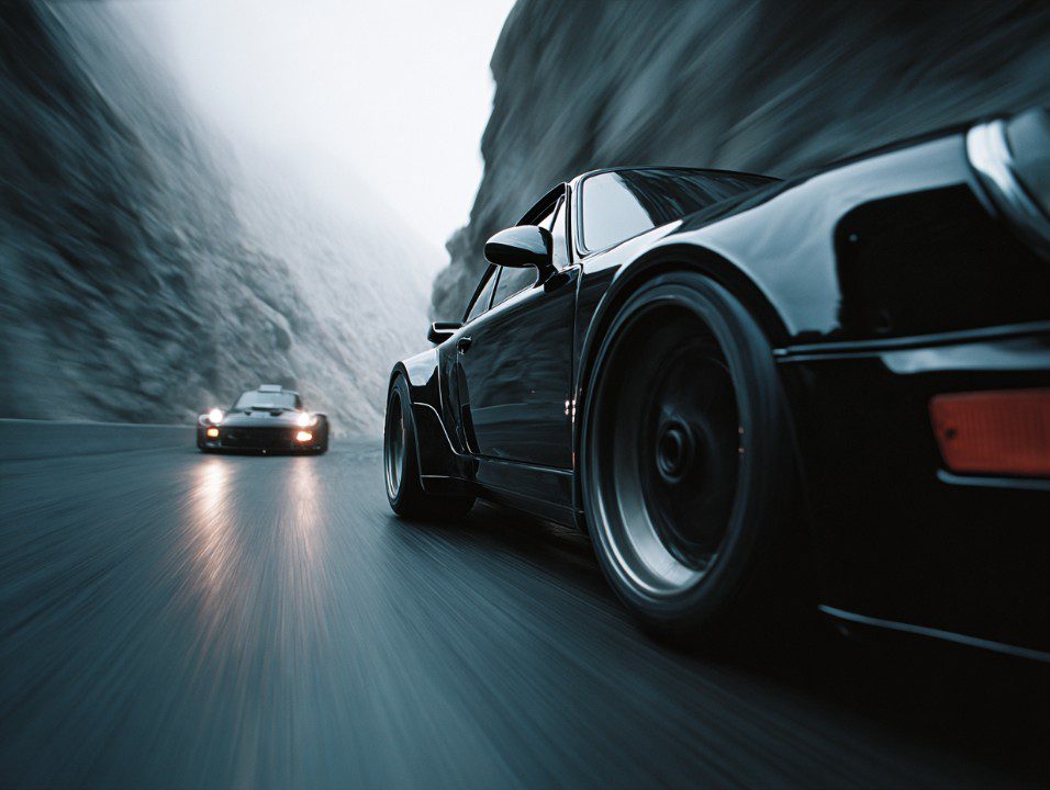 Close-up of two black sports cars racing through a winding mountain road, highlighting speed and high-performance driving.