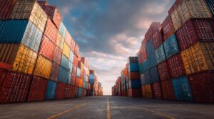 Wide-angle view of colorful stacked shipping containers at an industrial port under a cloudy sky.
