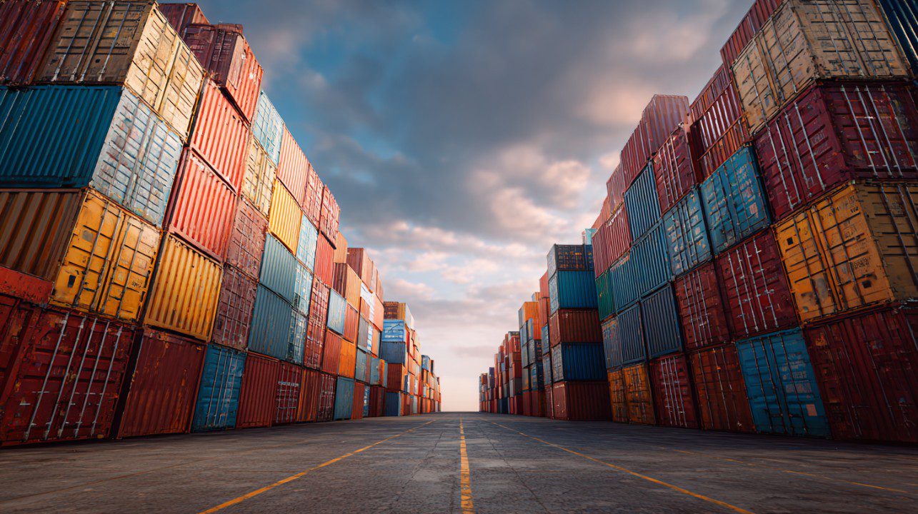 Wide-angle view of colorful stacked shipping containers at an industrial port under a cloudy sky.