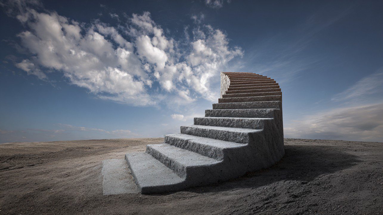 Surreal staircase in a barren landscape ascending into the clouds.