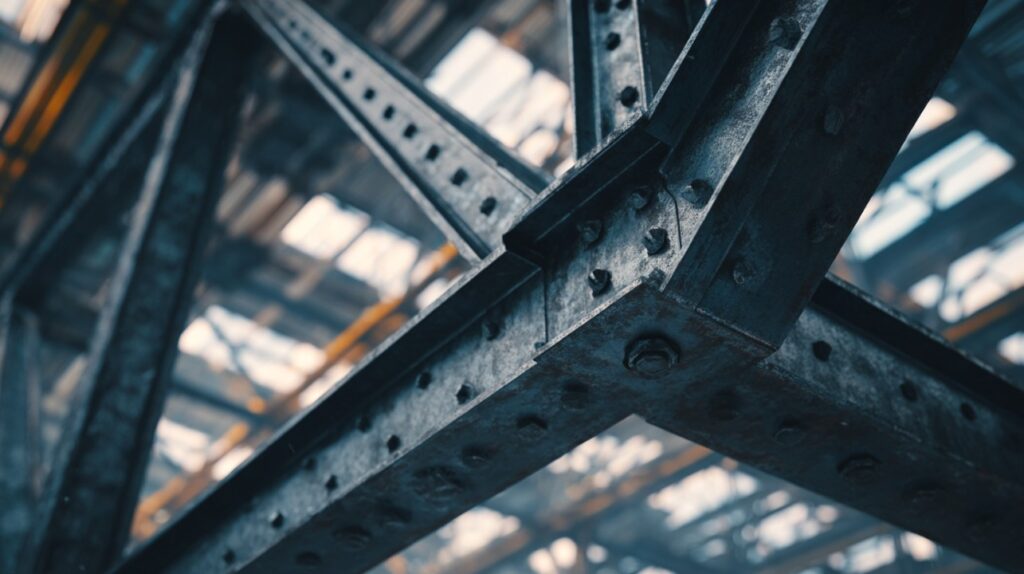 Close-up view of a steel truss in a warehouse, with bolts and rivets visible in an industrial setting.