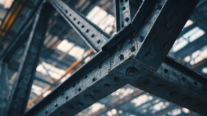 Close-up view of a steel truss in a warehouse, with bolts and rivets visible in an industrial setting.