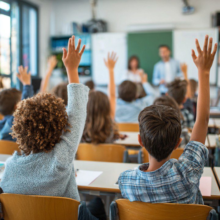dents raising hands to answer a teacher’s question in a bright classroom.