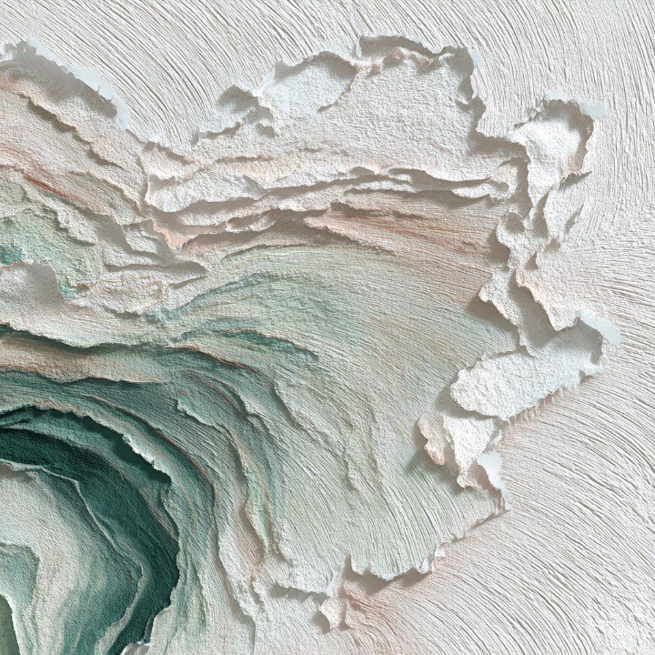 Close-up of layered textured abstract art in pastel white and green tones with intricate paper-like details.