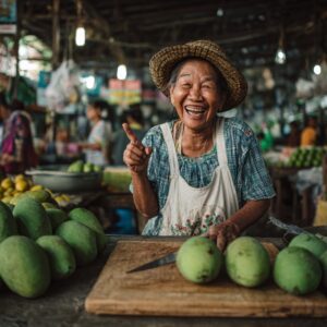 Smiling Thai woman in a straw hat prepares fresh green mangoes at a lively market, showcasing local culture and food traditions.
