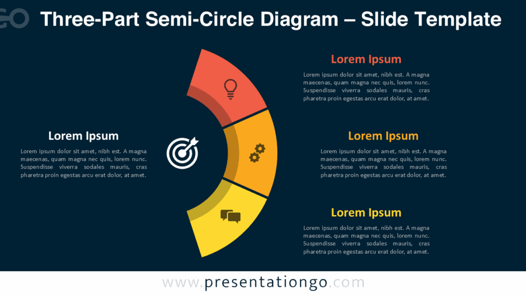 Three-Part Semi-Circle Diagram – Dark Background for PowerPoint & Google Slides Free Three-Part Semi-Circle Diagram PowerPoint template on a dark background with glowing icon visuals, curved arcs, and editable text zones for Google Slides.