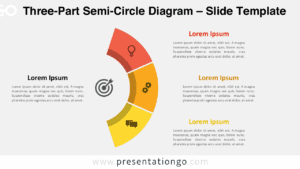 Free Three-Part Semi-Circle Diagram PowerPoint template featuring a light background, vivid colored segments, and central icon; also for Google Slides.