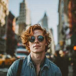 Portrait of a tourist wearing round sunglasses in a bustling city street.