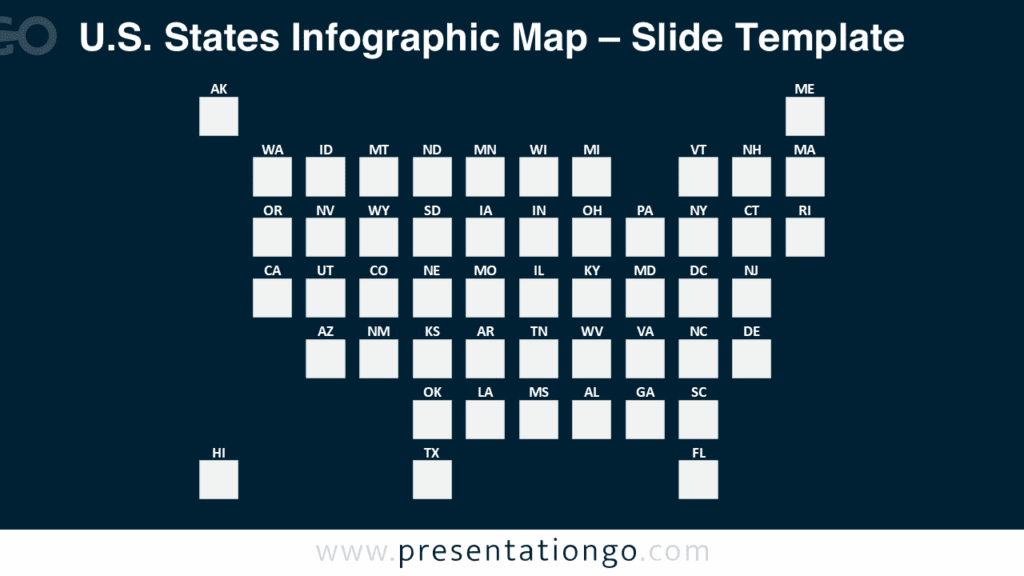 U.S. States Infographic Map – Dark Background for PowerPoint & Google Slides Free U.S. States Infographic Map PowerPoint template features dark background squares labeled by state, clearly aligned in a grid for Google Slides use.