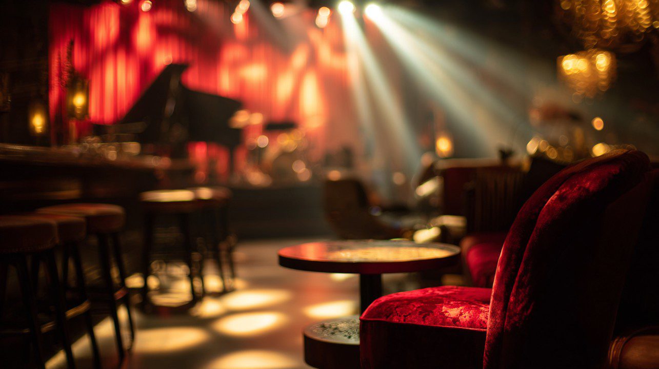 Warmly lit vintage jazz club interior with red velvet chairs and blurred stage in the background.