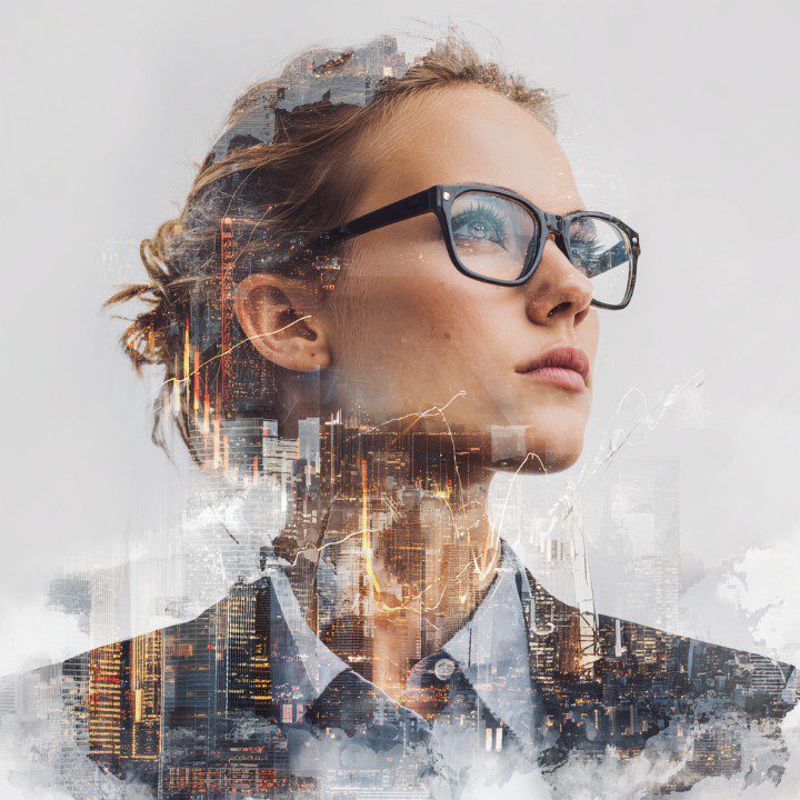 Double exposure image of a confident businesswoman with glasses overlaid with a modern city skyline and glowing lines.