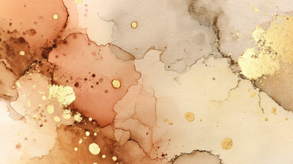 Abstract watercolor background in warm tones with gold foil splashes.