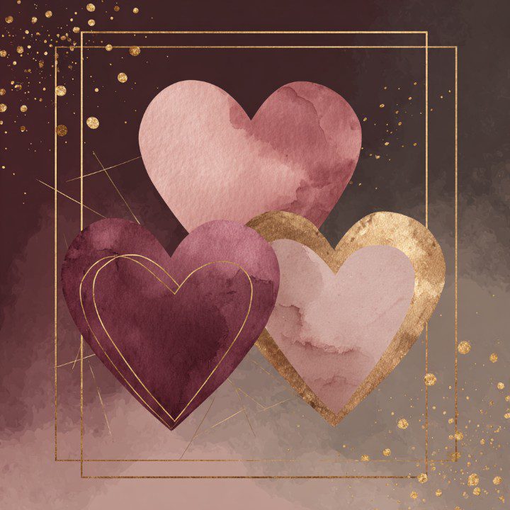 Artistic poster design with three watercolor hearts in burgundy and blush pink, accented with gold geometric frames and splatters.