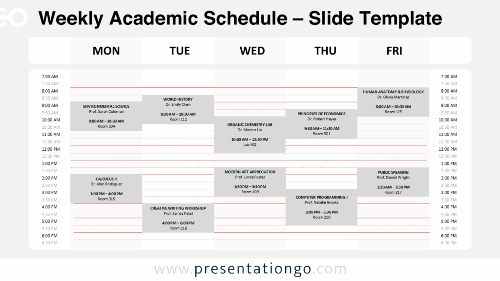 Free Weekly Academic Schedule PowerPoint template and Google Slides example featuring Monday to Friday timetable filled with classes, times, and rooms.
