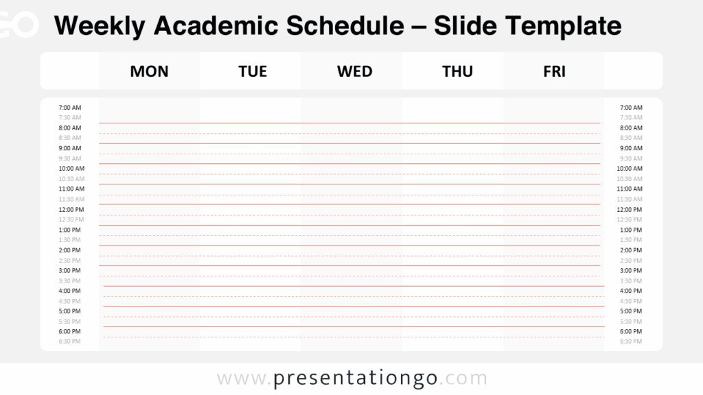 Weekly Academic Schedule – PowerPoint & Google Slides Template Free Weekly Academic Schedule PowerPoint template and Google Slides design with an empty Monday to Friday grid from 7 AM to 7 PM.