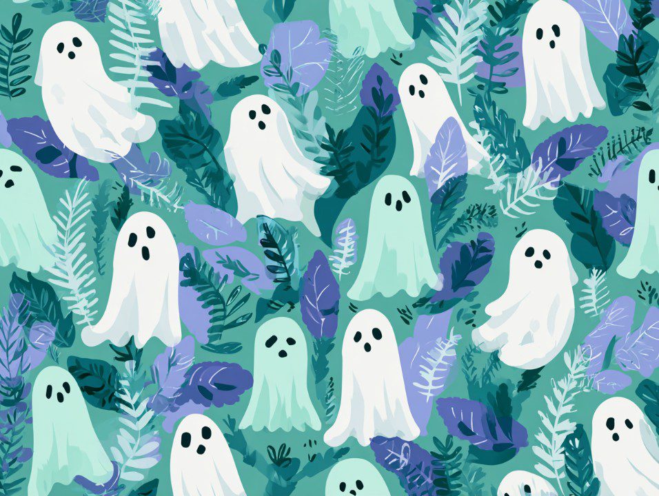 Illustration of whimsical white ghosts floating among green and purple leaves on a teal background.