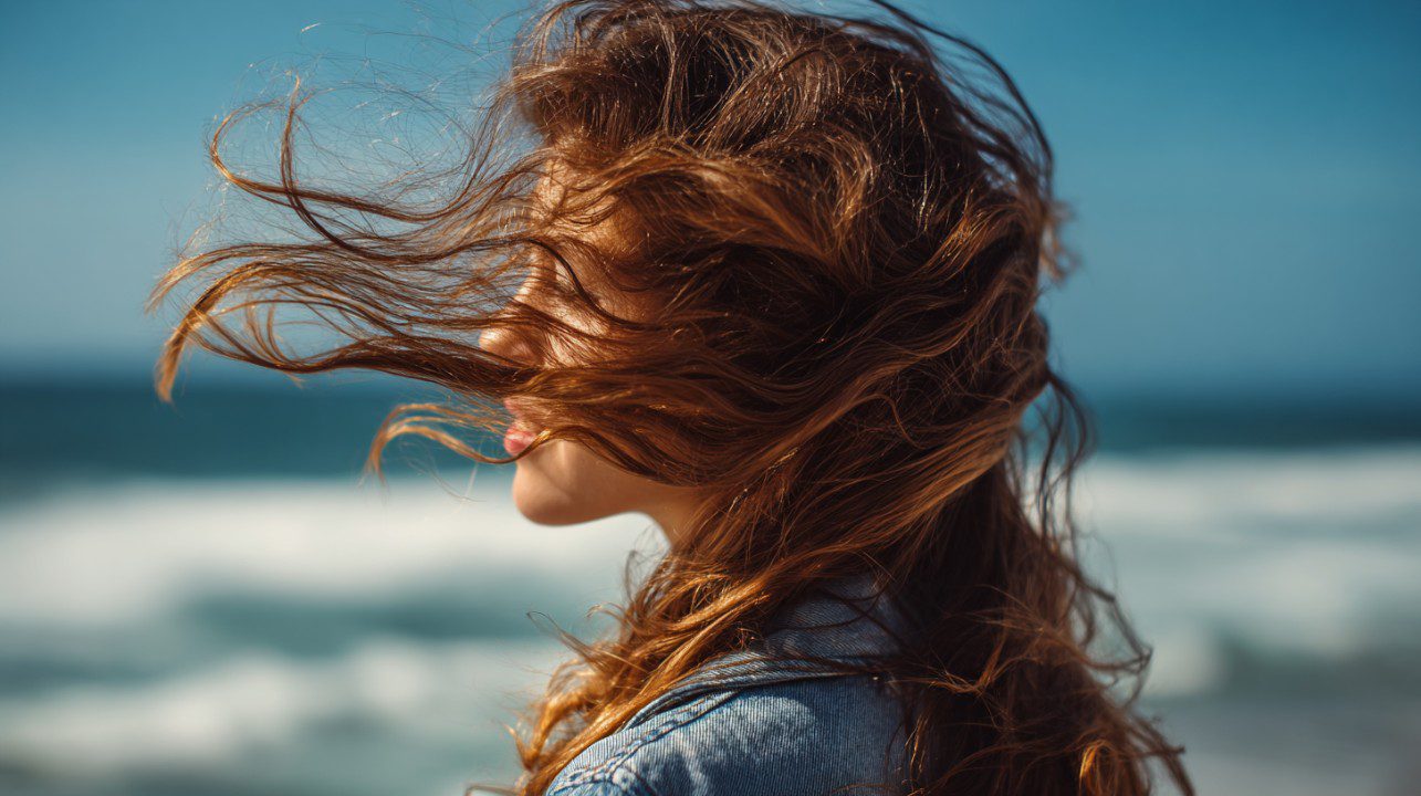 Side profile of a woman by the ocean with hair blowing in the wind against blue waves.
