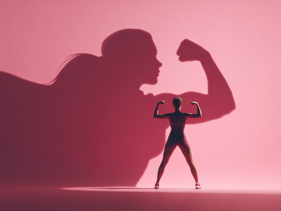 Woman flexing her muscles with a large superhero shadow in the background on a pink wall, symbolizing empowerment and confidence.