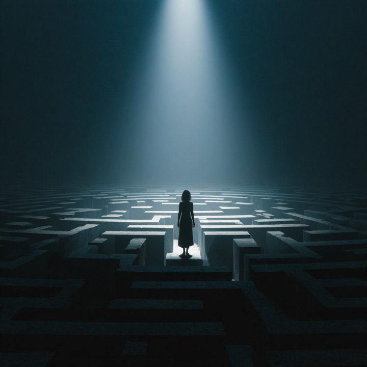 Silhouette of a woman standing in the center of a maze under a bright spotlight, symbolizing challenges and decision-making.